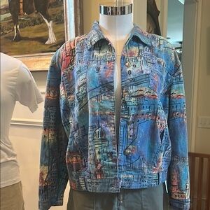 Chicos Sz 1 80’s style Colorful Denim Jacket GUC